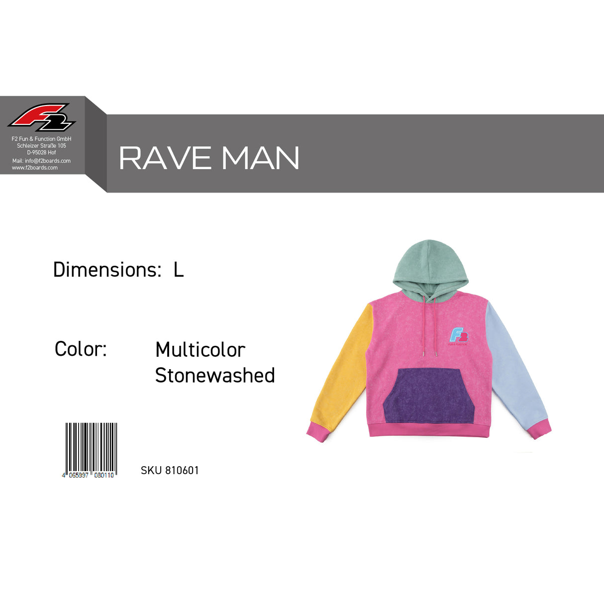 F2 Retro Rave Hoodie Multicolor Stonewashed Sweatshirt Pullover - Größe wählbar