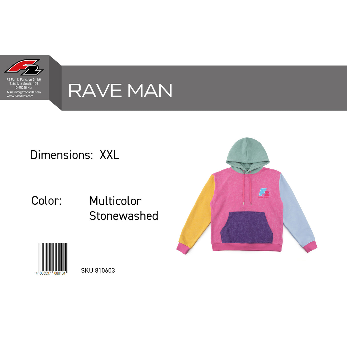 F2 Retro Rave Hoodie Multicolor Stonewashed Sweatshirt Pullover - Größe wählbar