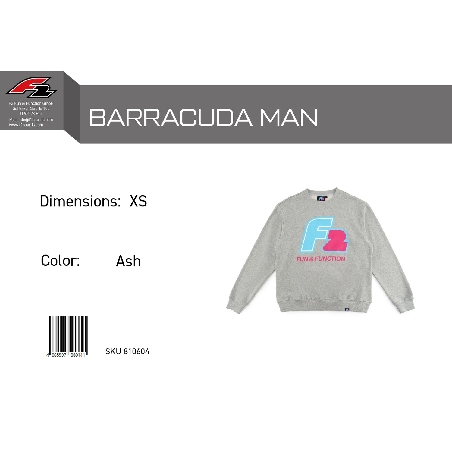 F2 Retro Barracuda Pullover Ash Grau - Größe wählbar