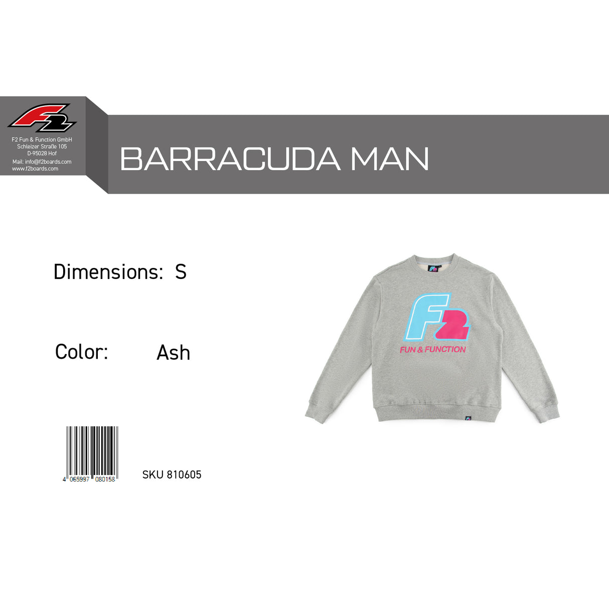 F2 Retro Barracuda Pullover Ash Grau - Größe wählbar