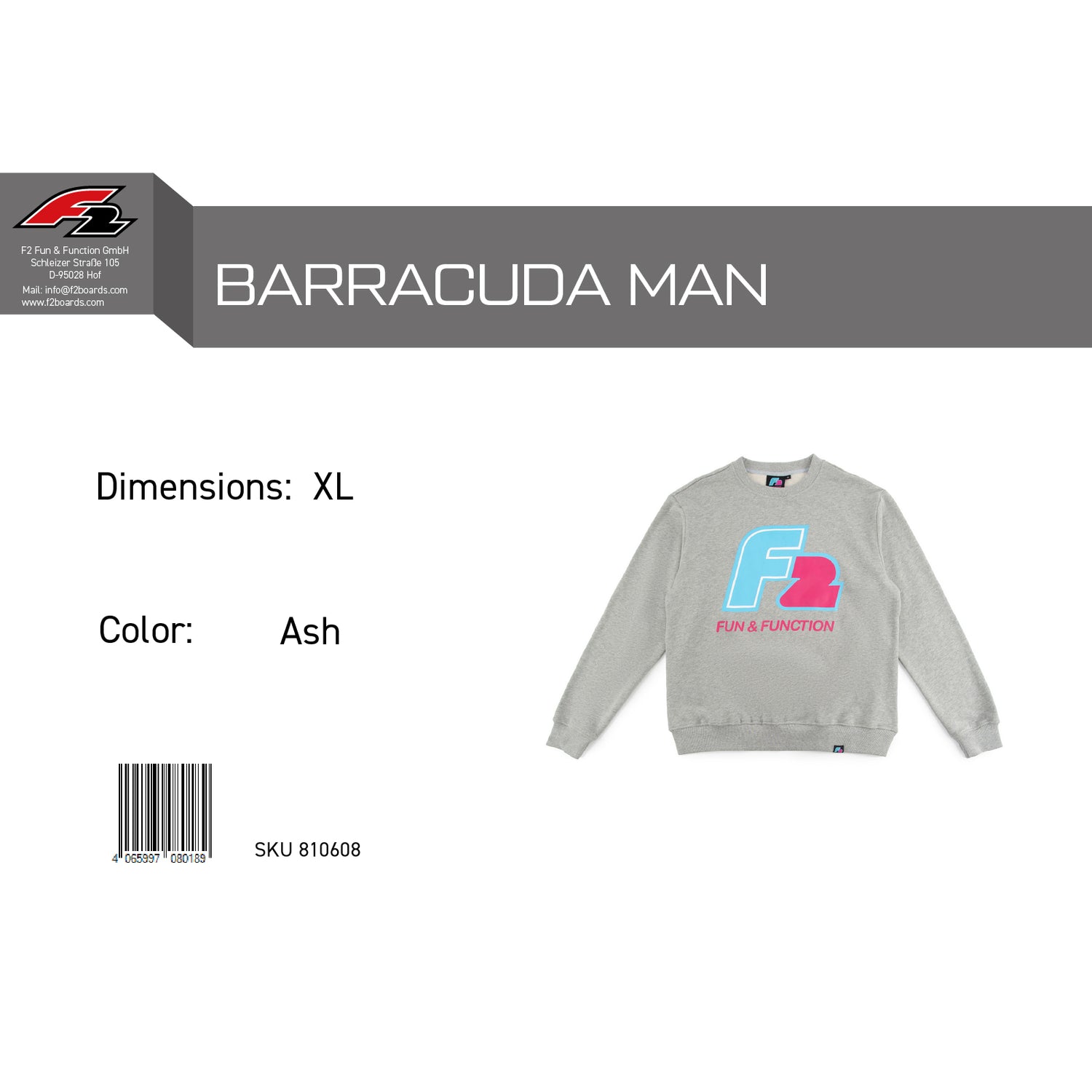 F2 Retro Barracuda Pullover Ash Grau - Größe wählbar