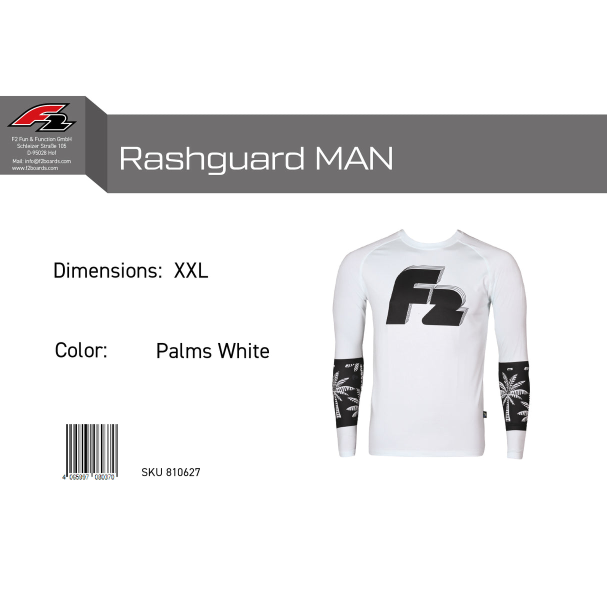 F2 Retro Rashguard Palms/White Funktionsshirt Wassersport - Größe wählbar