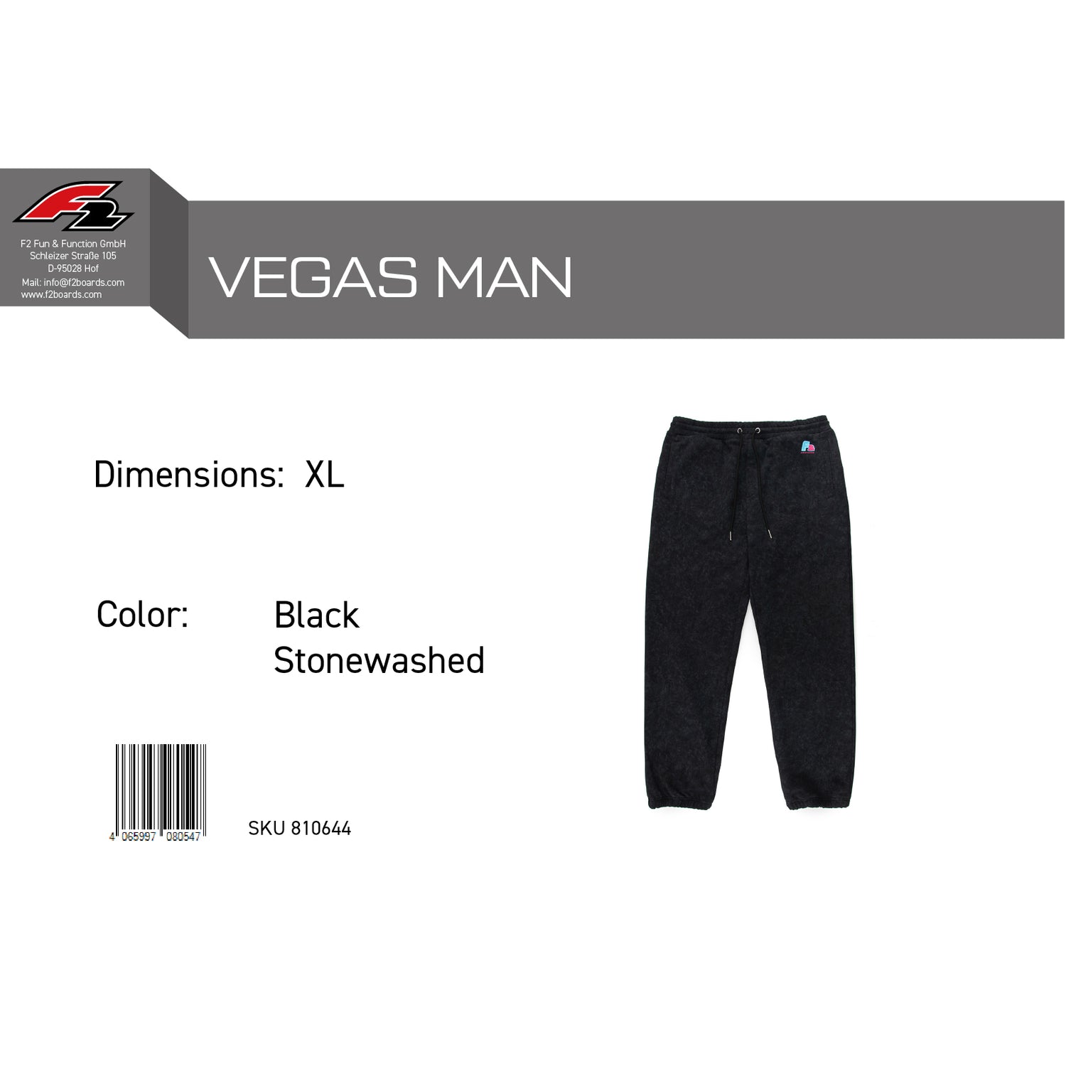 F2 Retro Vegas Jogginghose Black Stonewashed Schwarz - Größe wählbar