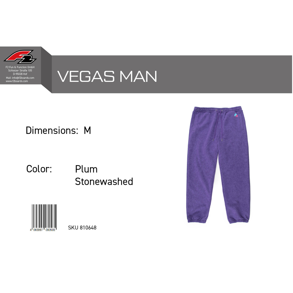 F2 Retro Vegas Jogginghose Plum Stonewashed Lila - Größe wählbar