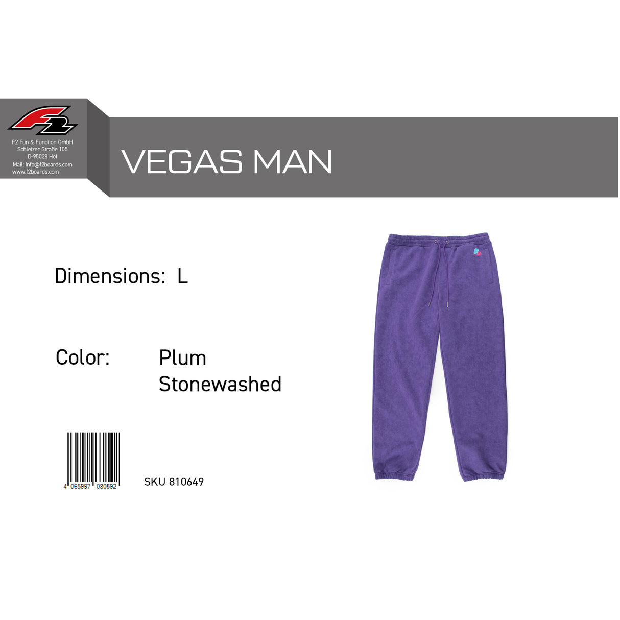 F2 Retro Vegas Jogginghose Plum Stonewashed Lila - Größe wählbar