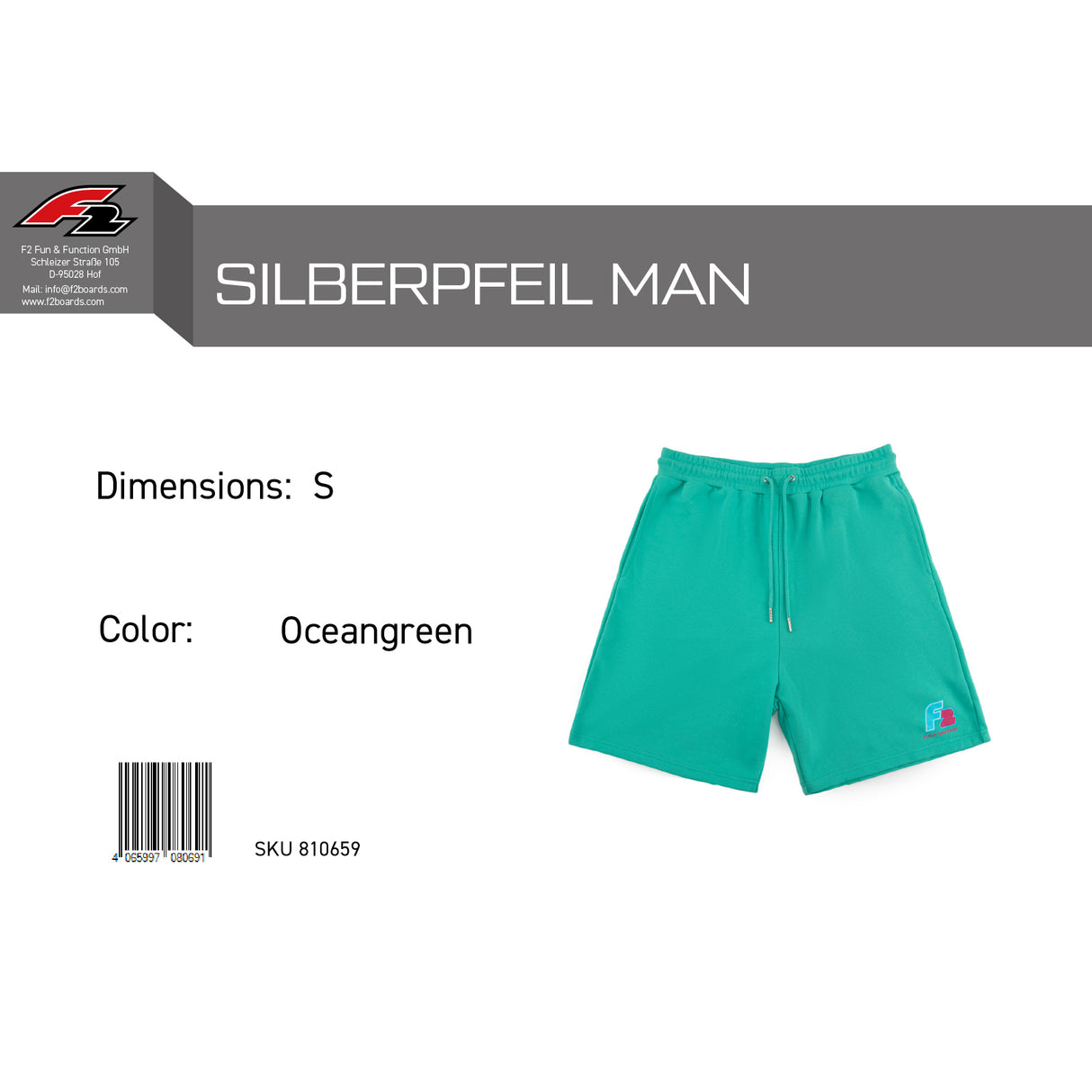 F2 Retro Silberpfeil Shorts Oceangreen Sweatshorts Türkis - Größe wählbar