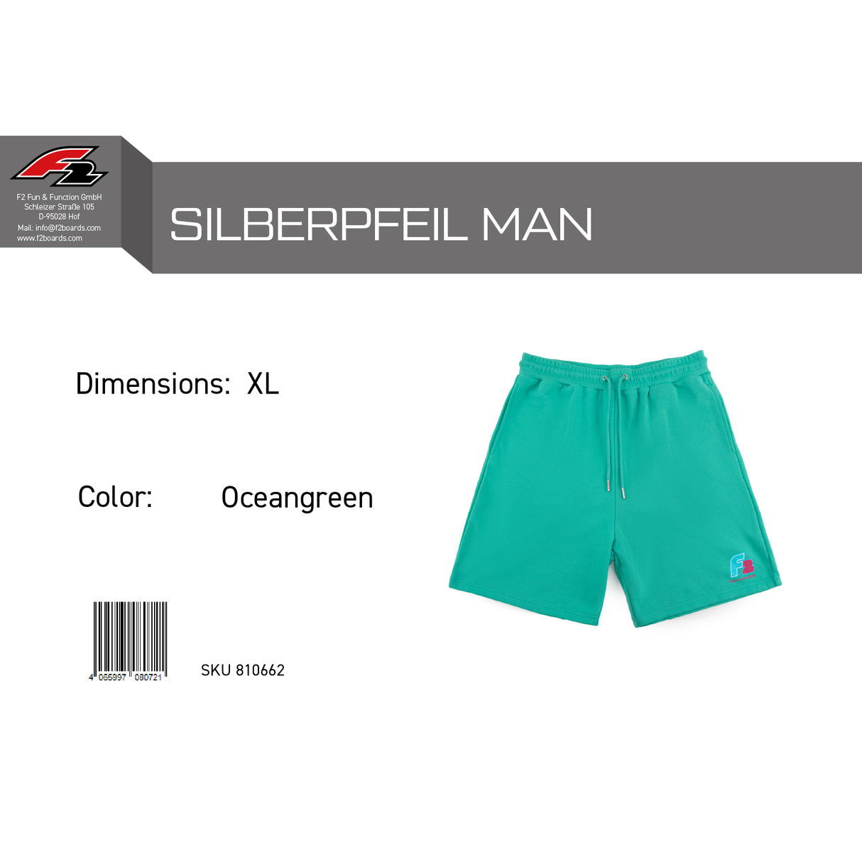 F2 Retro Silberpfeil Shorts Oceangreen Sweatshorts Türkis - Größe wählbar