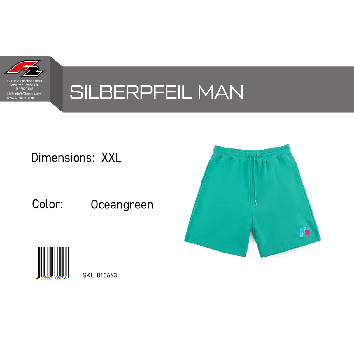 F2 Retro Silberpfeil Shorts Oceangreen Sweatshorts Türkis - Größe wählbar