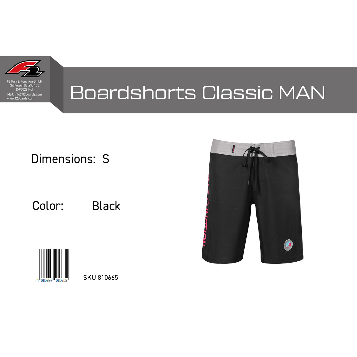F2 Retro Boardshorts Classic Badeshorts Schwarz - Größe wählbar