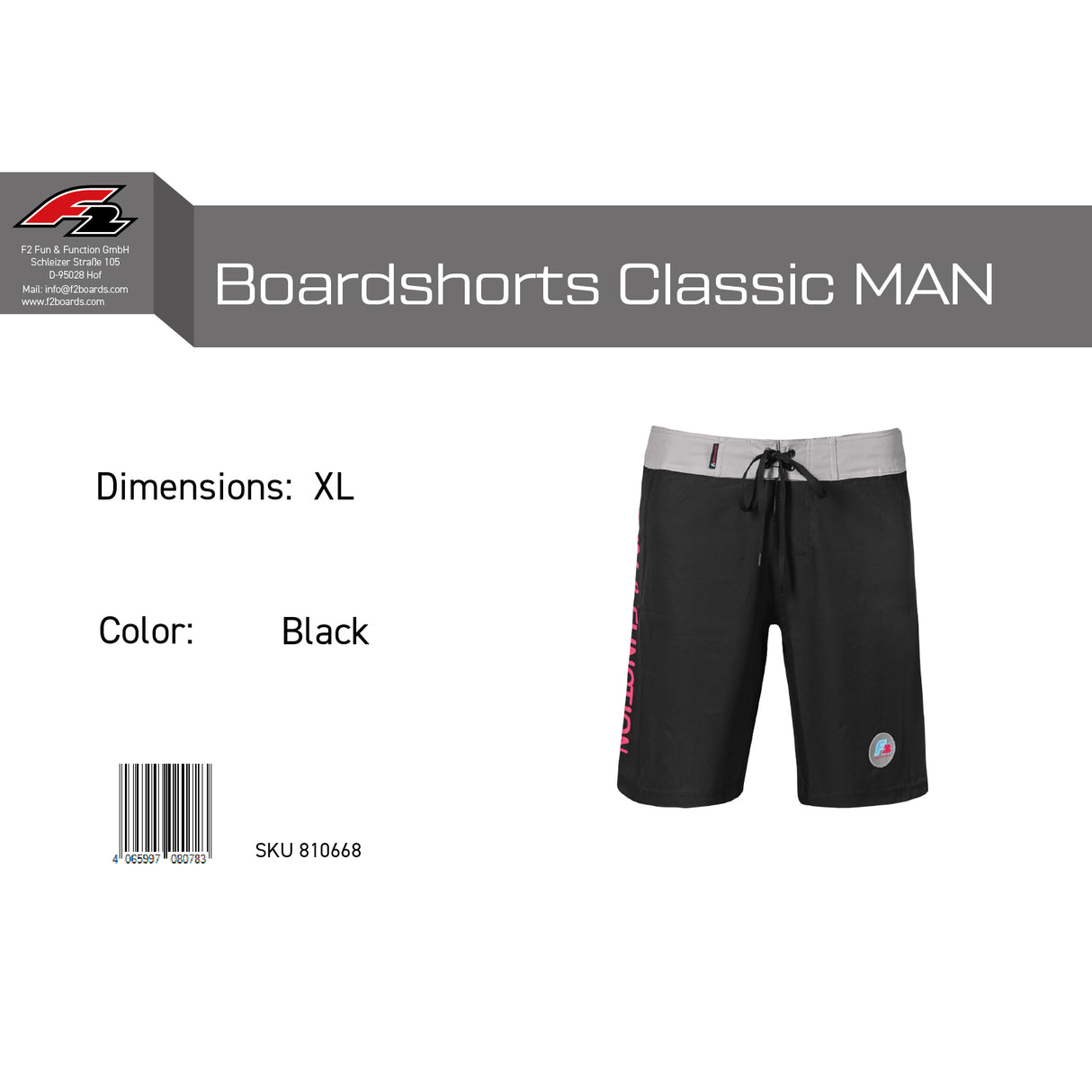 F2 Retro Boardshorts Classic Badeshorts Schwarz - Größe wählbar