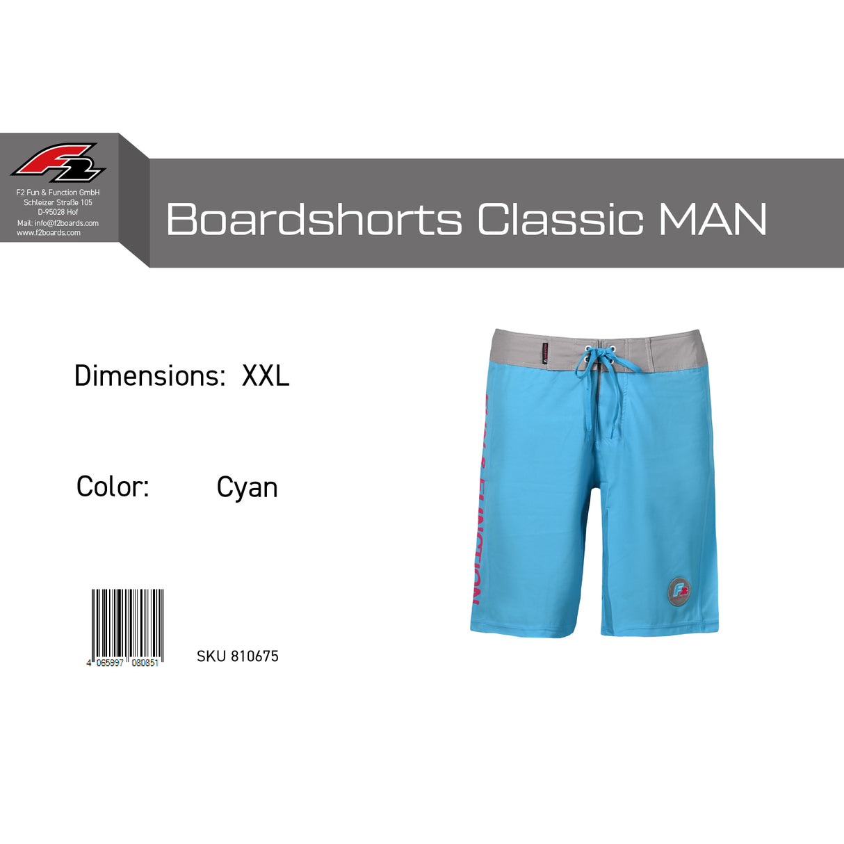 F2 Retro Boardshorts Classic Cyan Badeshorts Blau - Größe wählbar