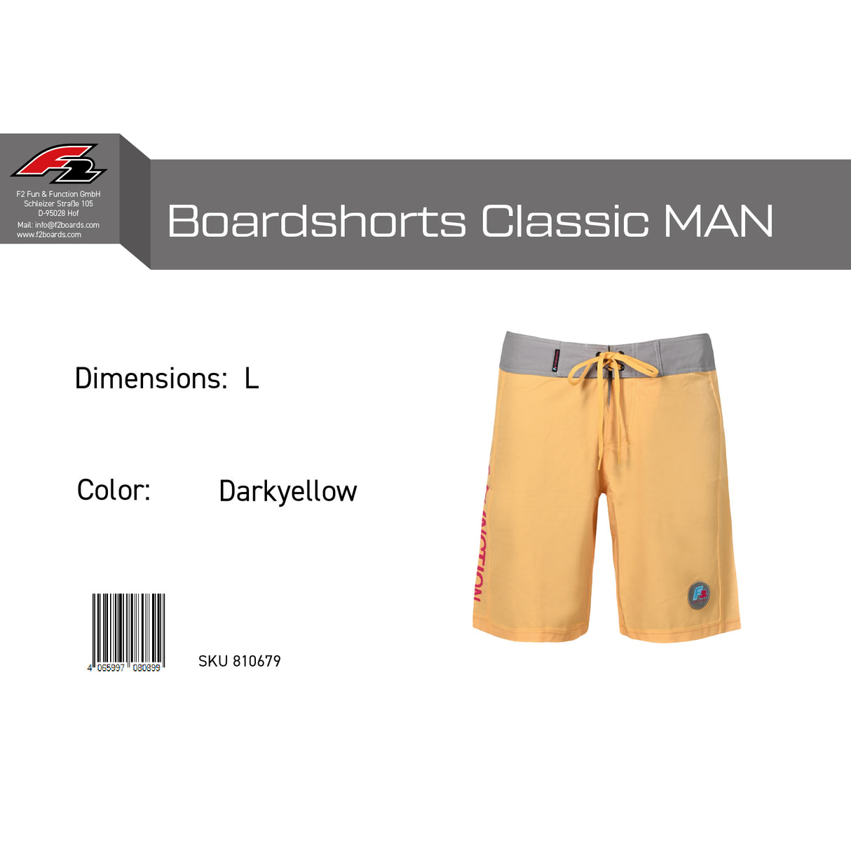 F2 Retro Boardshorts Classic Badeshorts Gelb - Größe wählbar