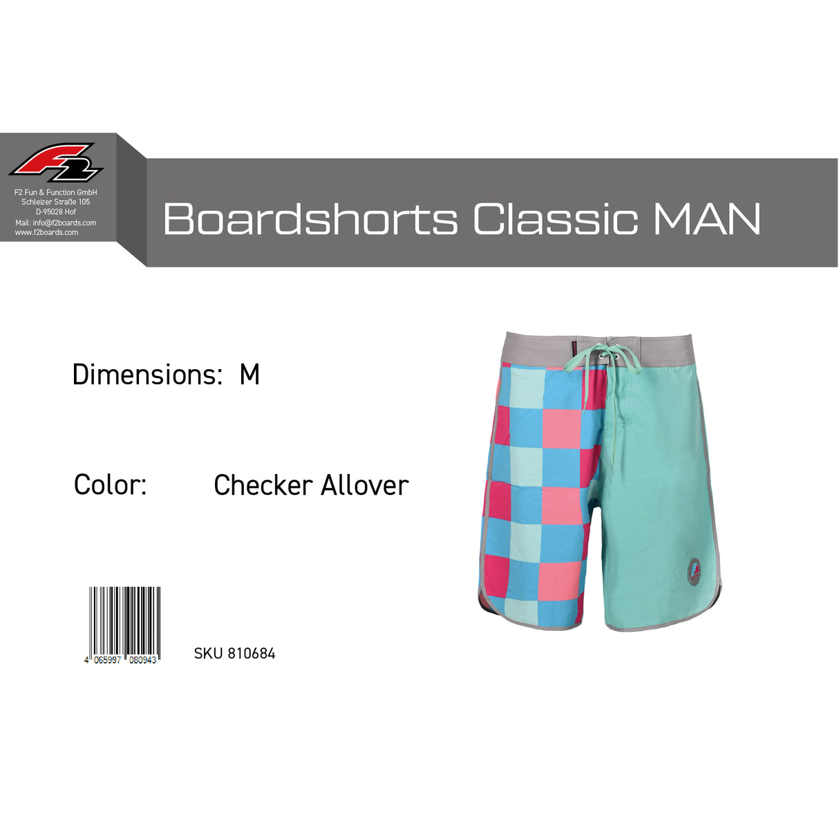F2 Retro Boardshorts Classic Checker Oceangreen Badeshorts - Größe wählbar