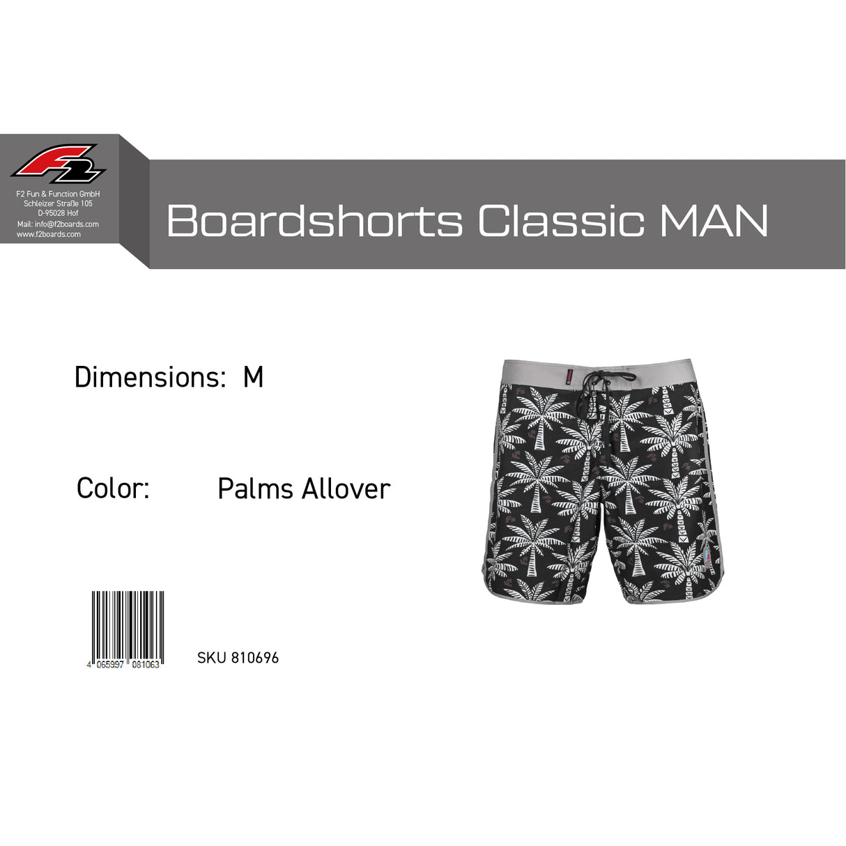 F2 Retro Boardshorts Classic Palms Allover Badeshorts Schwarz - Größe wählbar