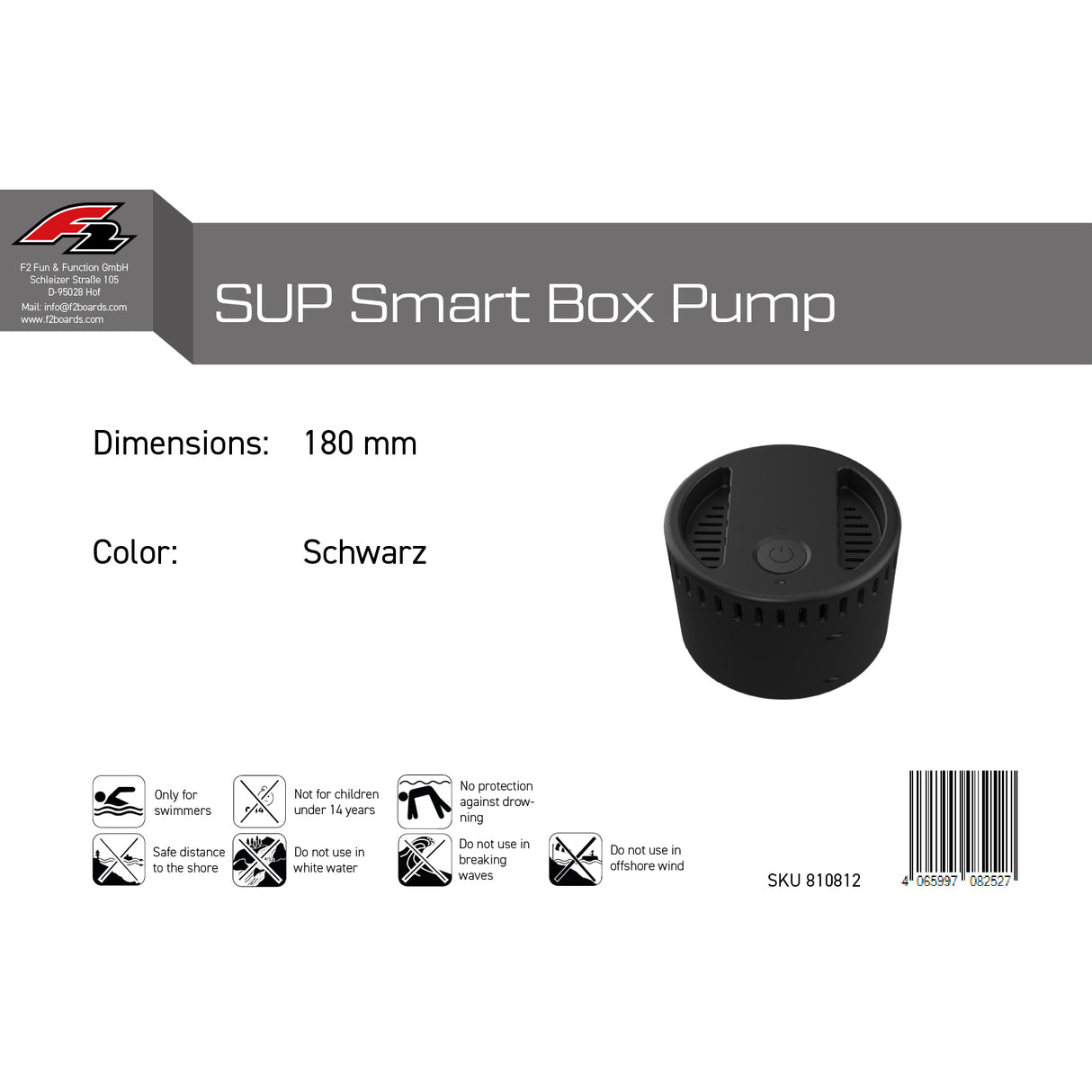 F2 Stand Up Paddling Smart Box Pump SUP 180mm Schwarz