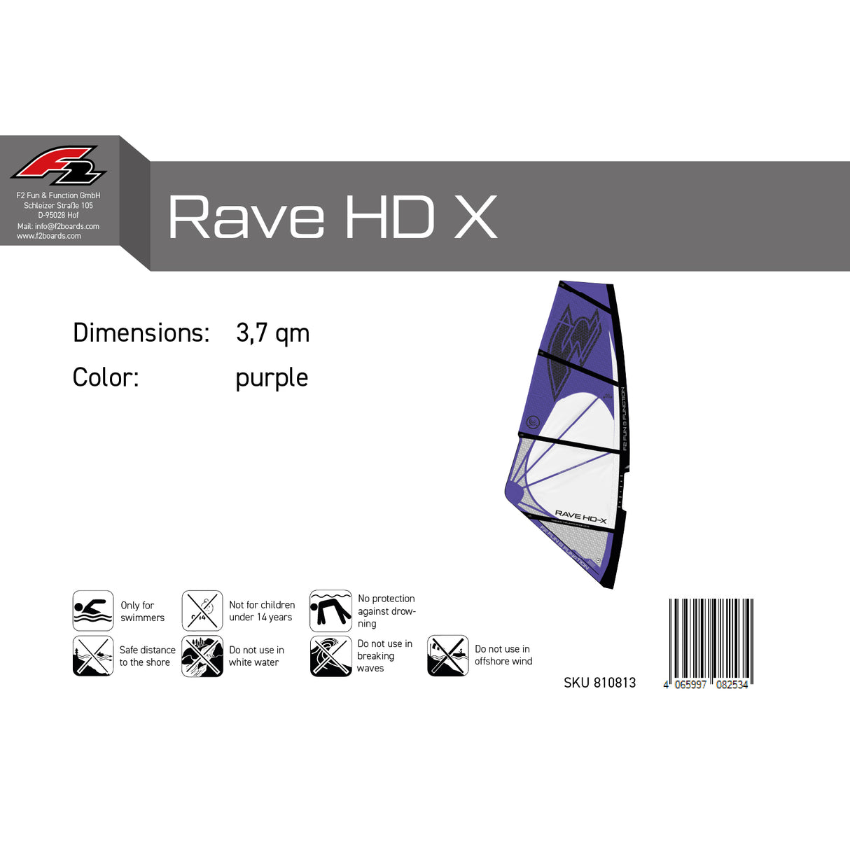 F2 Windsurf Segel Rave HD X Lila 2,2qm-6qm - Größe wählbar