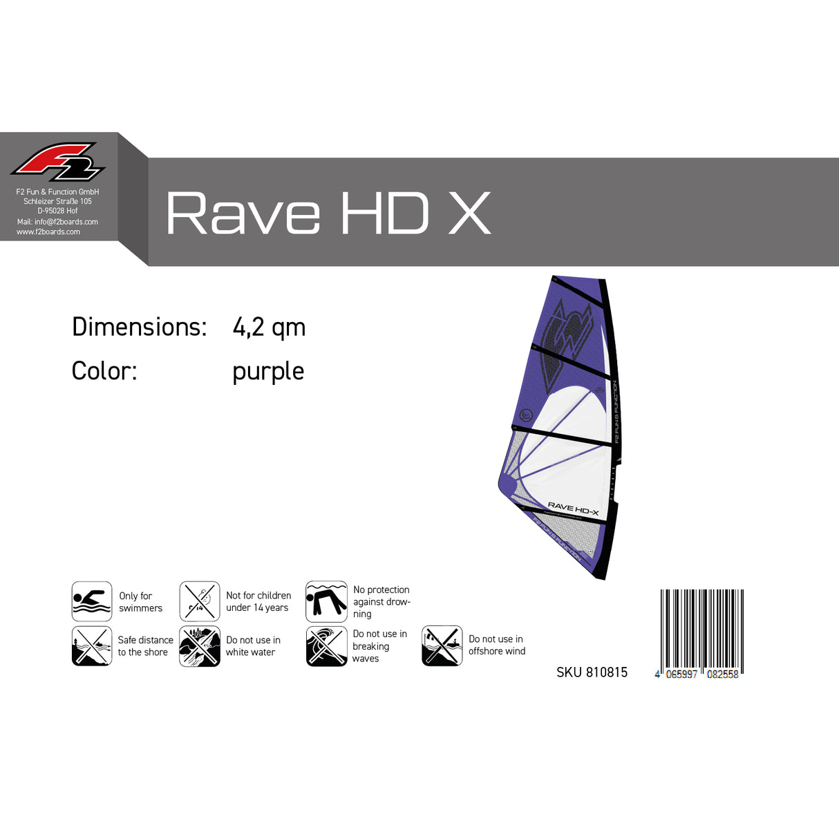 F2 Windsurf Segel Rave HD X Lila 2,2qm-6qm - Größe wählbar