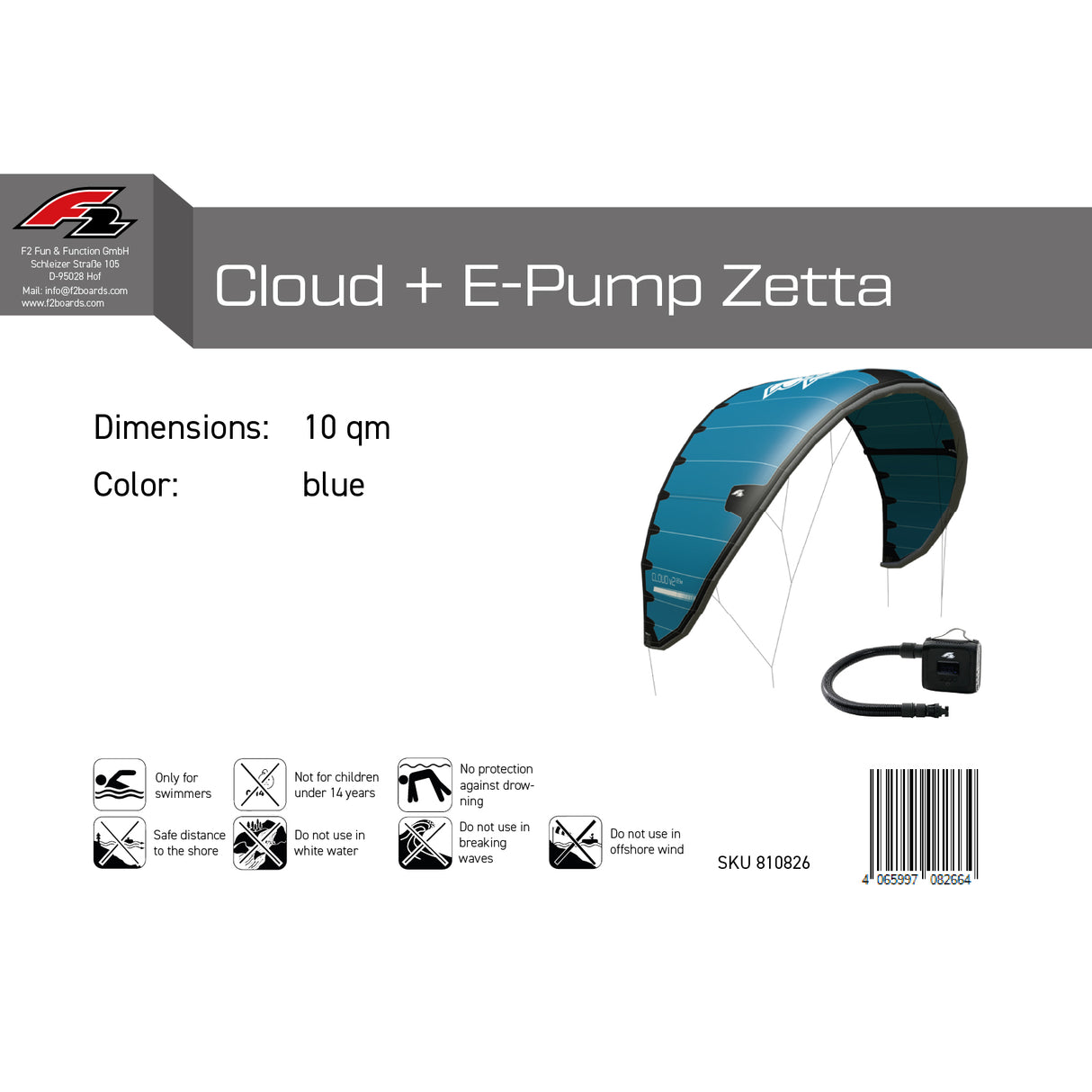F2 Kite Cloud mit E-Pumpe Zetta - Größe wählbar Blau