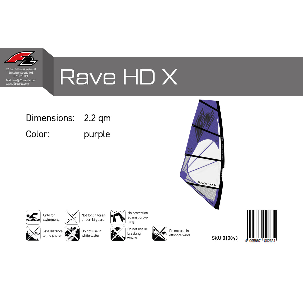 F2 Windsurf Segel Rave HD X Lila 2,2qm-6qm - Größe wählbar