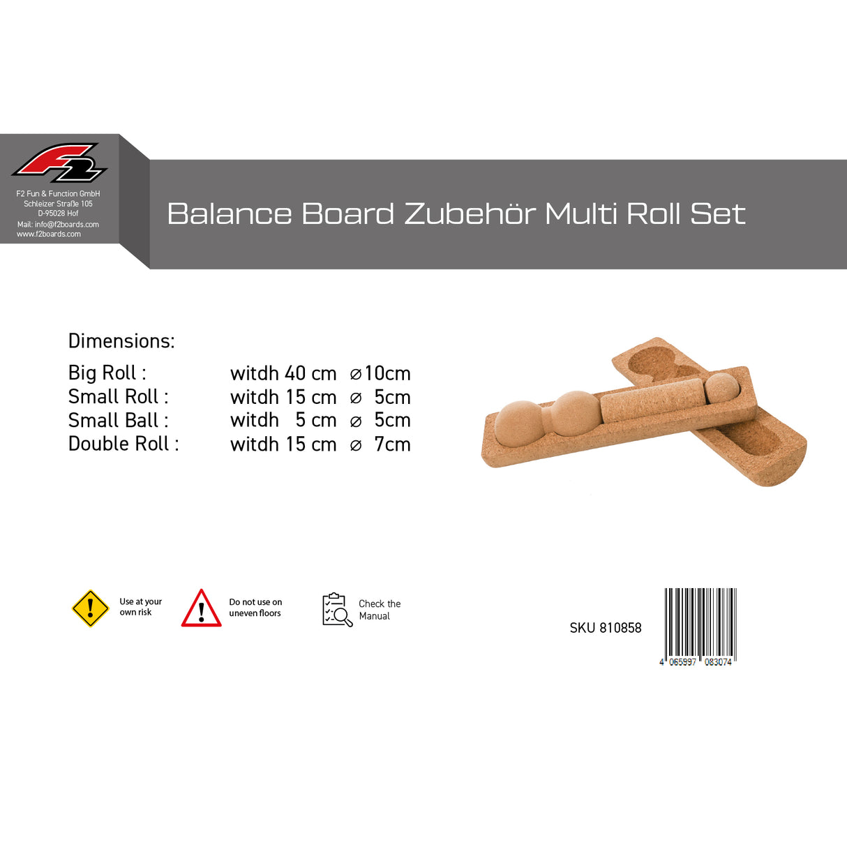 F2 Balance Board Zubehör Kork Multi Roll Set Korkrollen und Bälle Natur