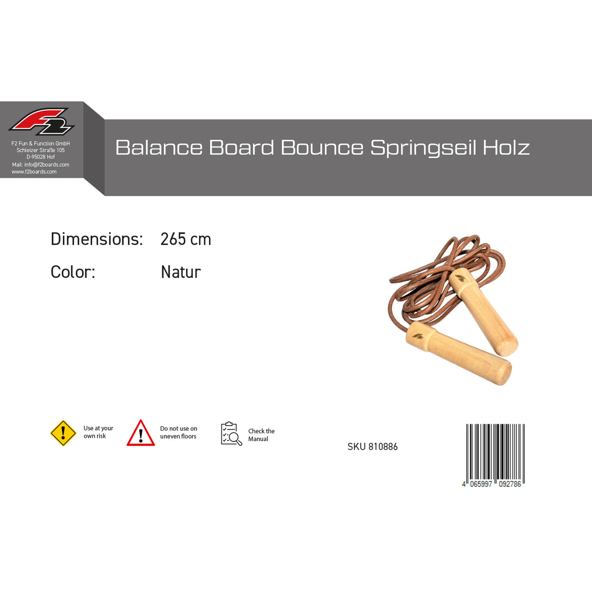 F2 Balance Board Bounce Springseil Holz 265cm Natur