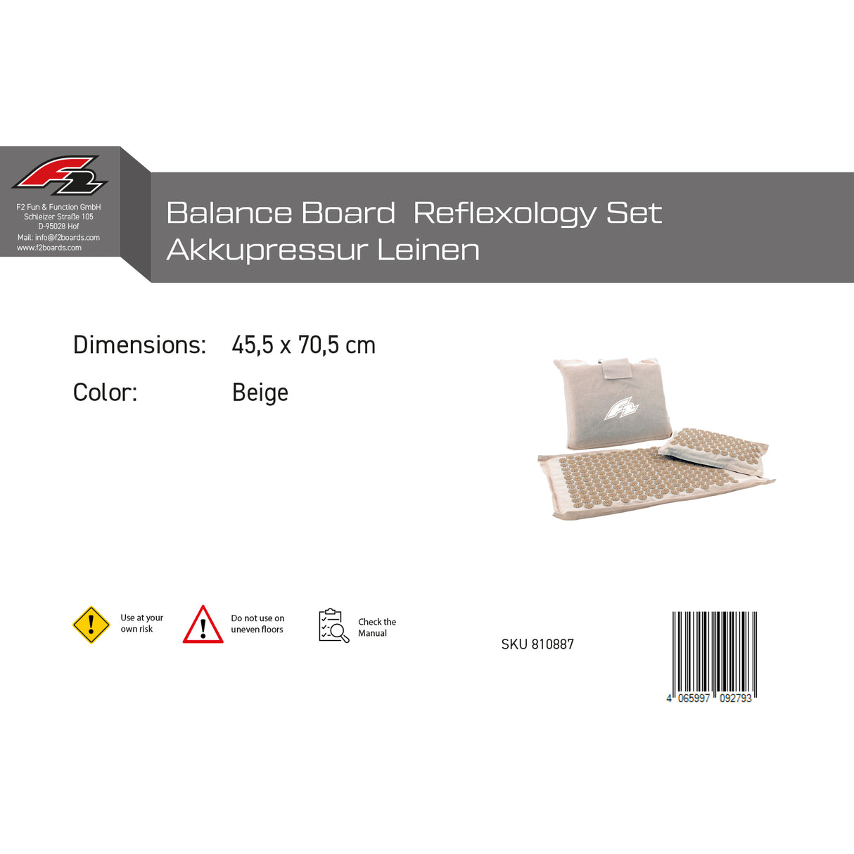 F2 Balance Board Reflexology Set Akkupressur Leinen 45,5x70,5cm Beige