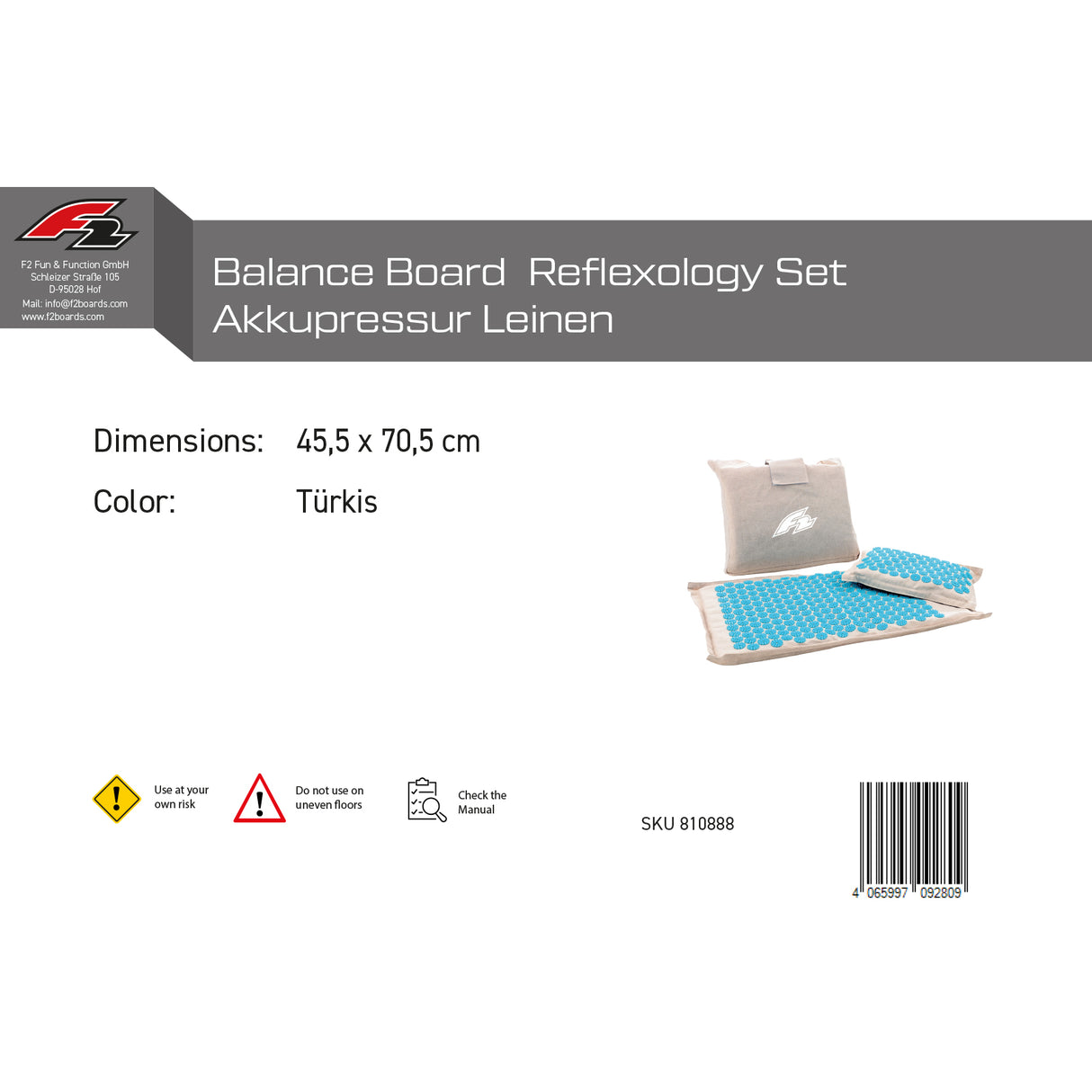 F2 Balance Board Reflexology Set Akkupressur Leinen 45,5x70,5cm Türkis