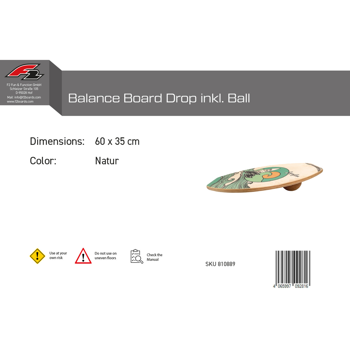 F2 Balance Board Drop inkl. Ball 60x35cm Natur