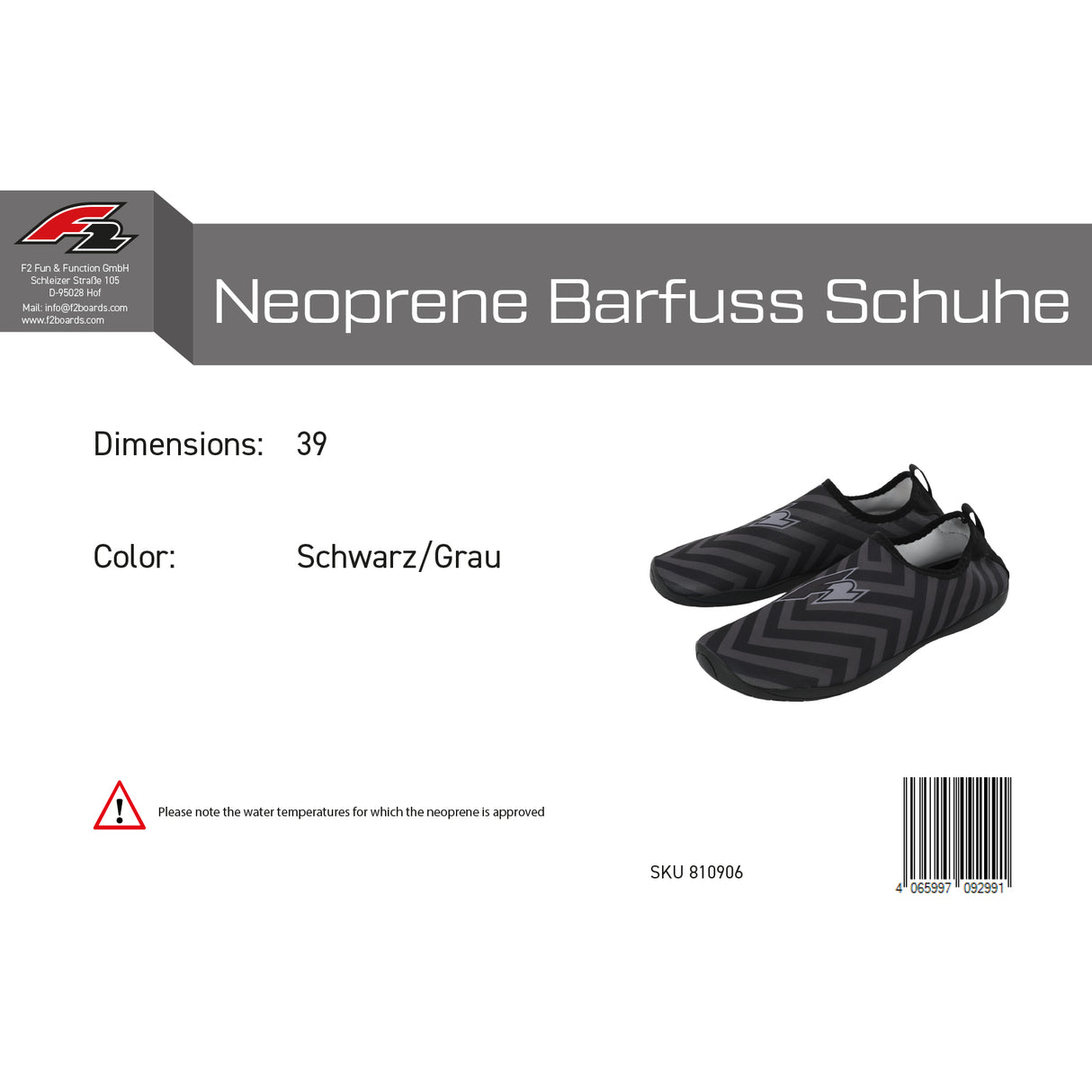 F2 Neopren Schuhe Barfuss Schuhe 39 Schwarz/Grau