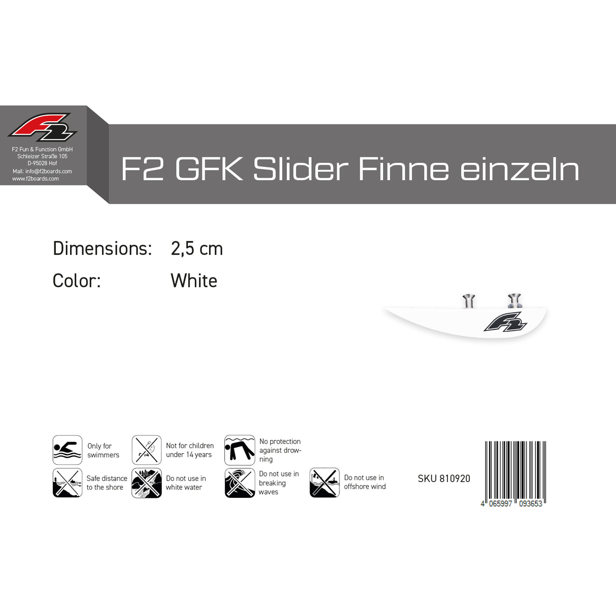F2 Kiteboard Finne GFK Slider Finne einzeln 2,5cm Weiss