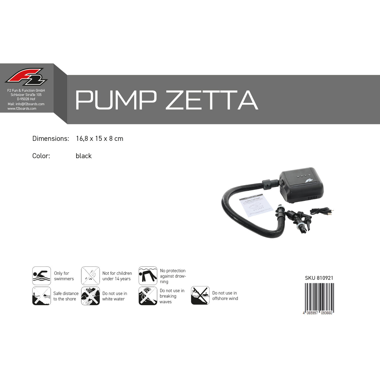 F2 SUP Pumpe Zetta 2 4000mAh E-Pumpe Wassersport Kite Schwarz