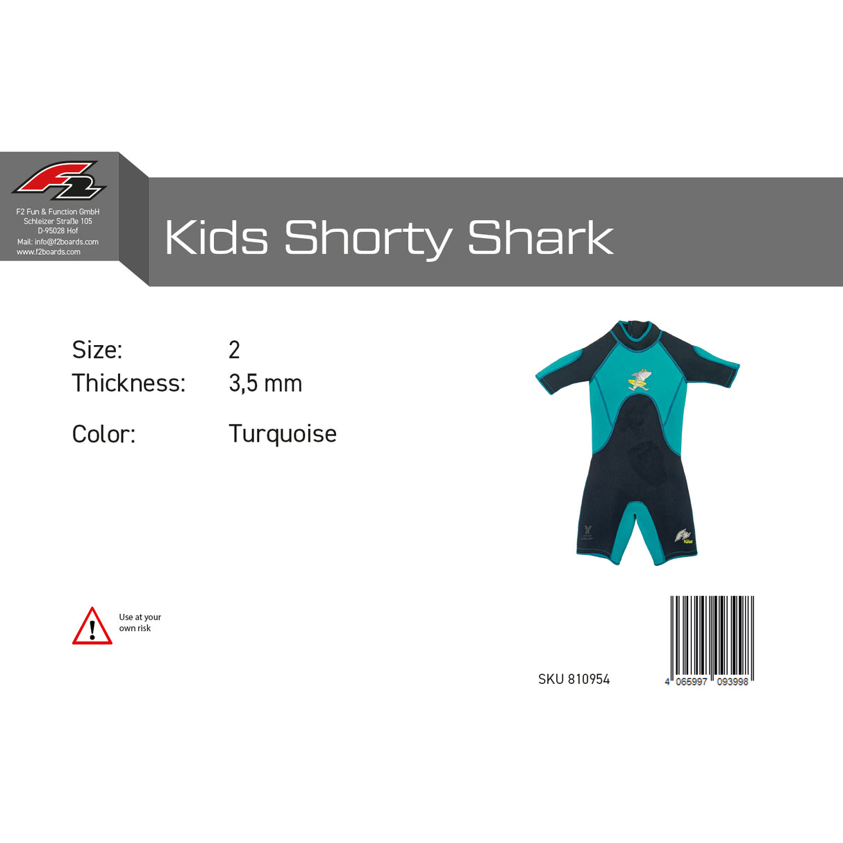 F2 Junior Neopren Anzug Shark Shorty Kurz - Größe/Farbe wählbar