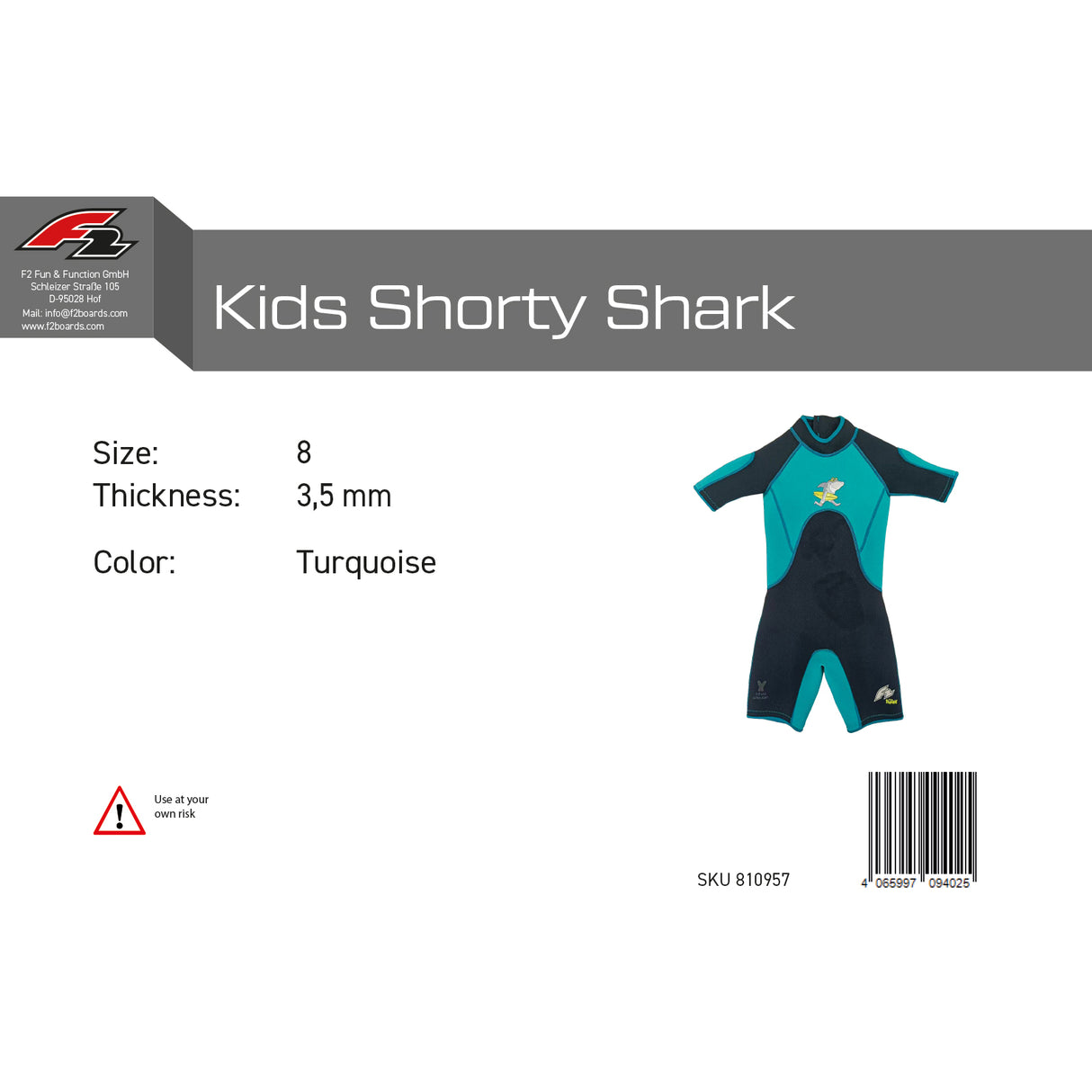 F2 Junior Neopren Anzug Shark Shorty Kurz - Größe/Farbe wählbar
