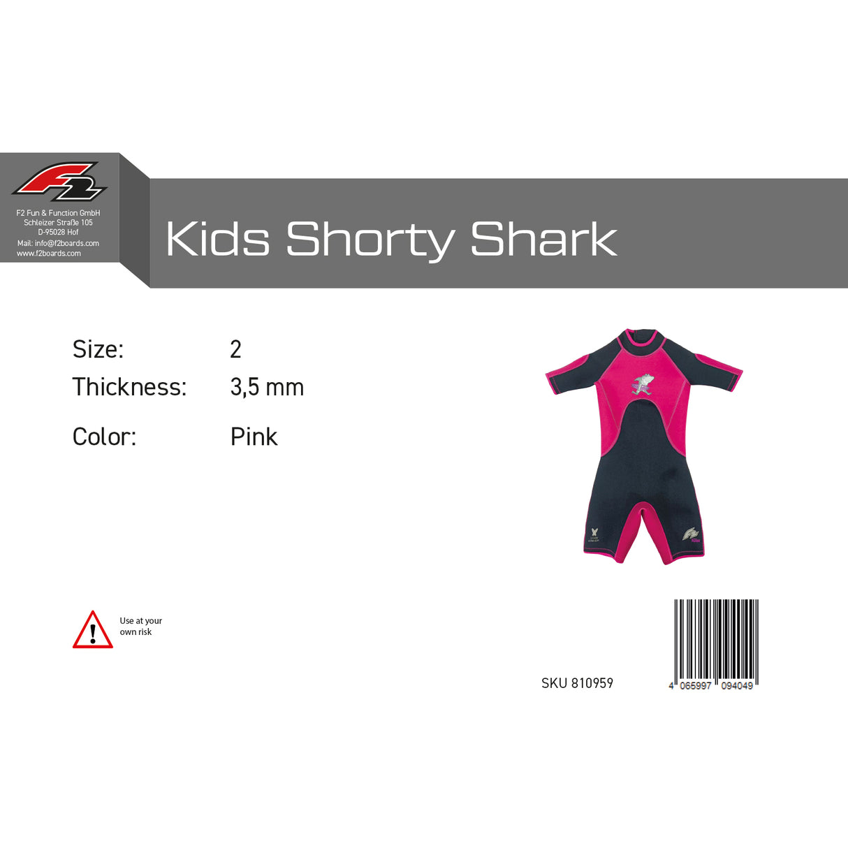 F2 Junior Neopren Anzug Shark Shorty Kurz - Größe/Farbe wählbar