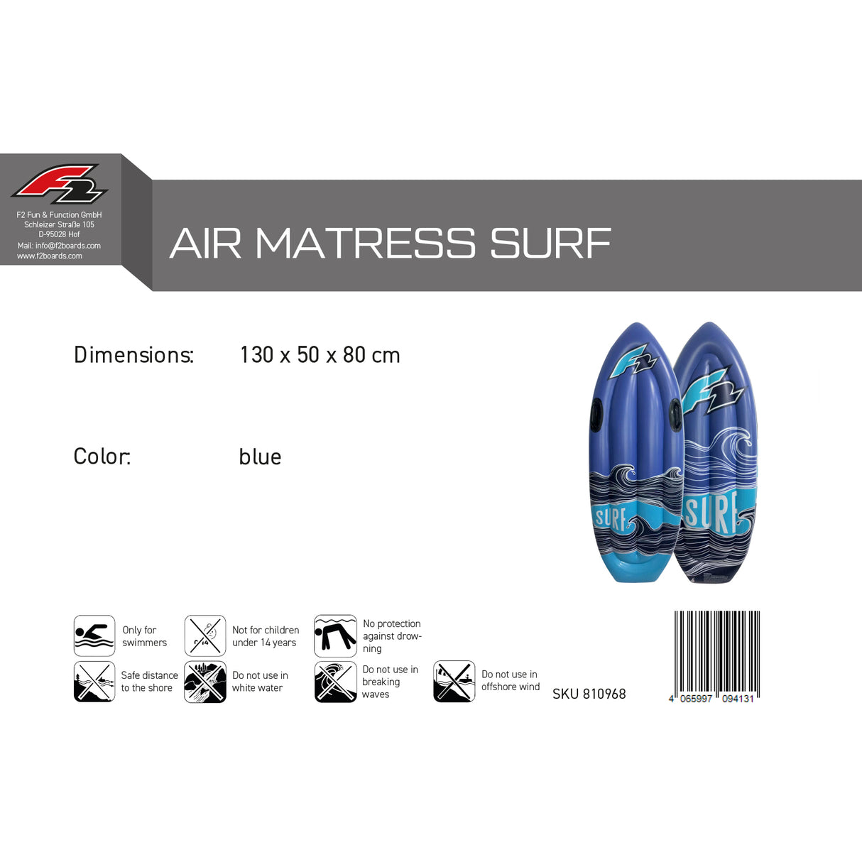 F2 Luftmatratze Surf Aufblasbar 130x50,8cm Blau