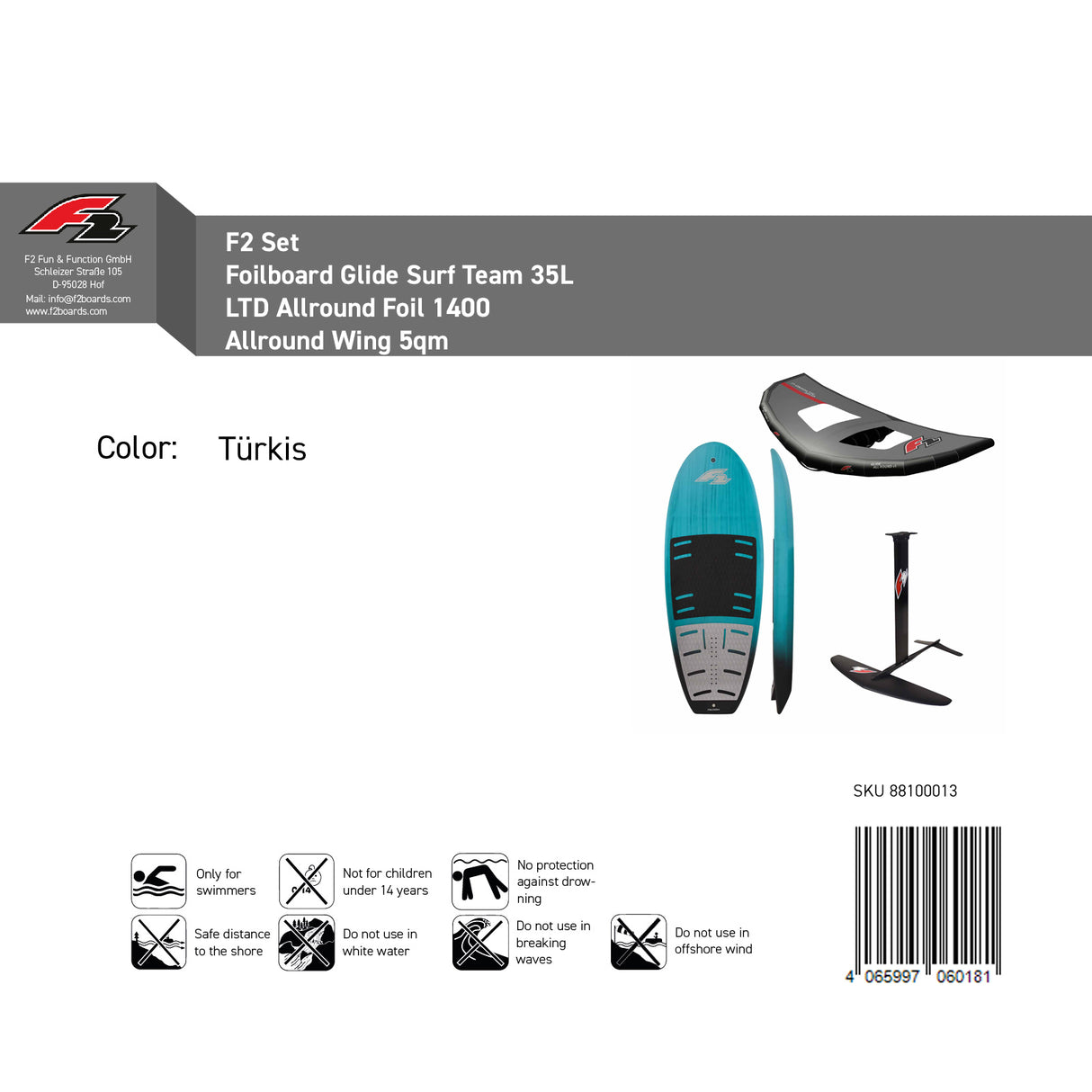 F2 Set Foilboard Glide Surf Team 35L+LTD Allround Foil 1400 +Allround Wing 5qm