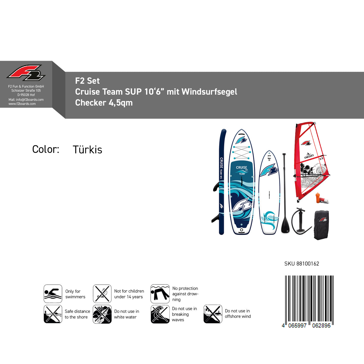 F2 Set Cruise Team SUP 10'6" mit Windsurfsegel Checker 4,5qm