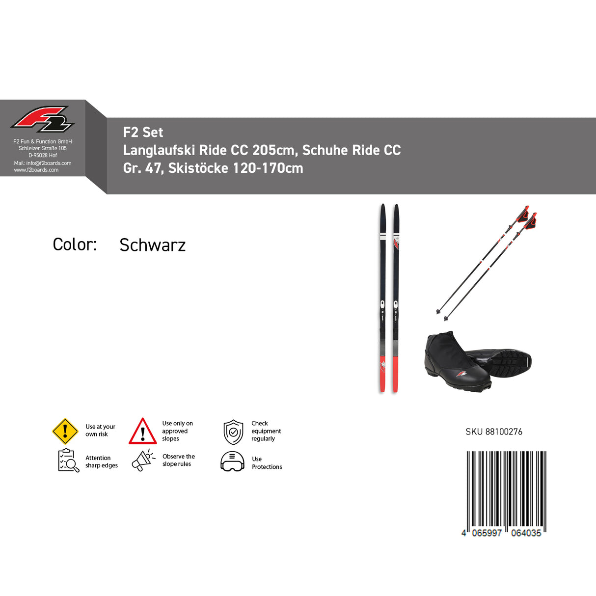 F2 Set Langlaufski Ride CC + Skischuhe + Skistöcke Komplettset Größen wählbar
