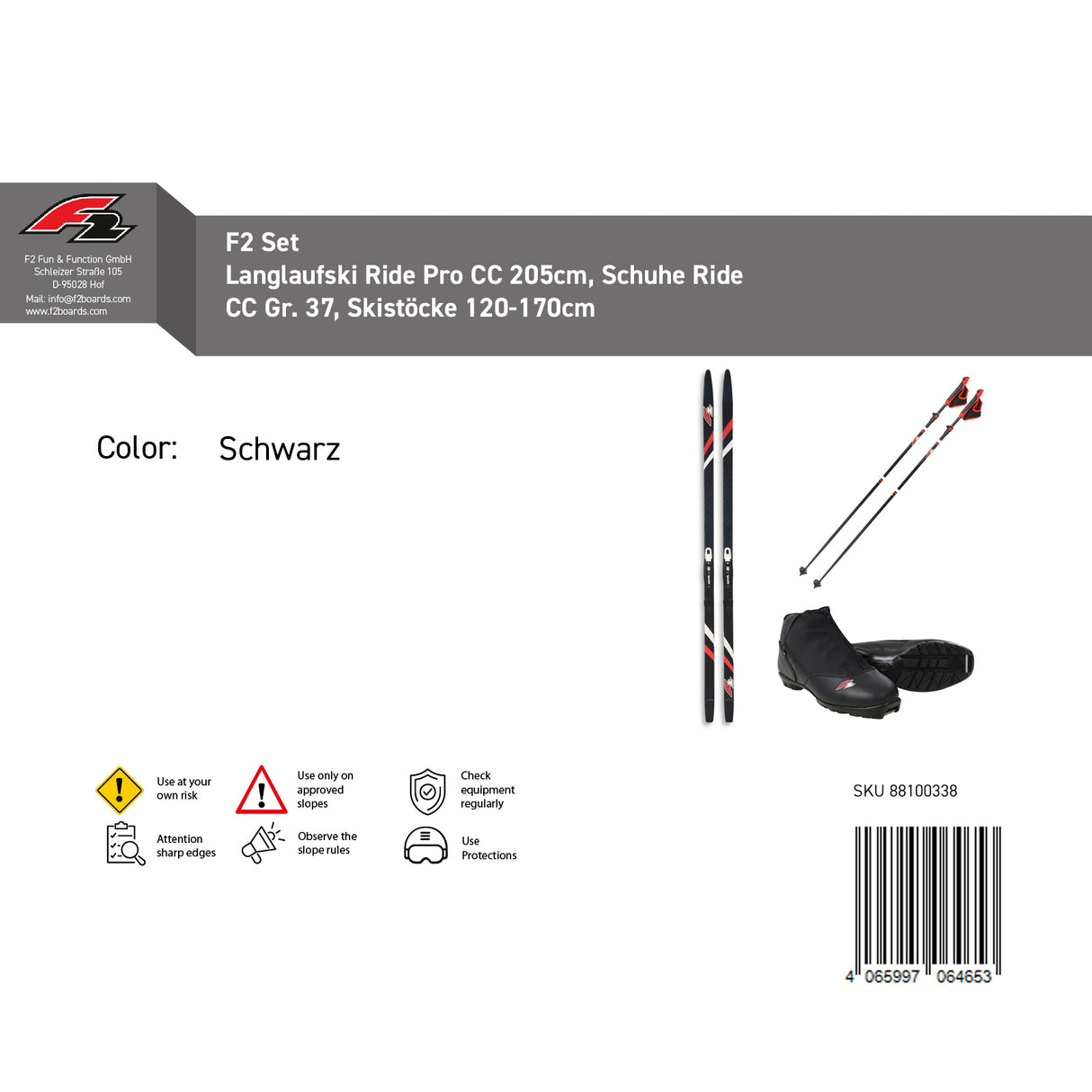 F2 Set Langlaufski Ride Pro CC + Skischuhe + Skistöcke Komplettset Größen wählbar