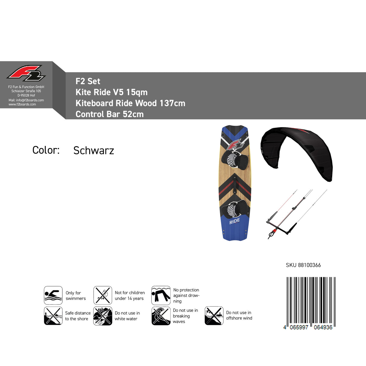 F2 Set Kite Ride V5 mit Kiteboard Ride Wood und Control Bar Komplettset Größen wählbar
