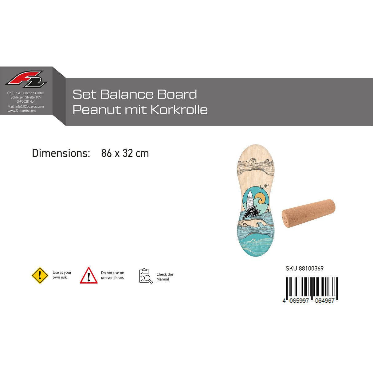F2 Set Balance Board Peanut 86x32cm mit Korkrolle