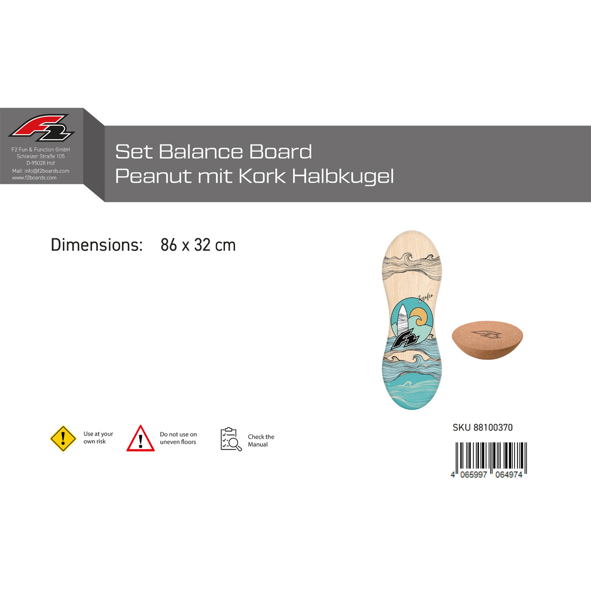 F2 Set Balance Board Peanut 86x32cm mit Kork Halbkugel