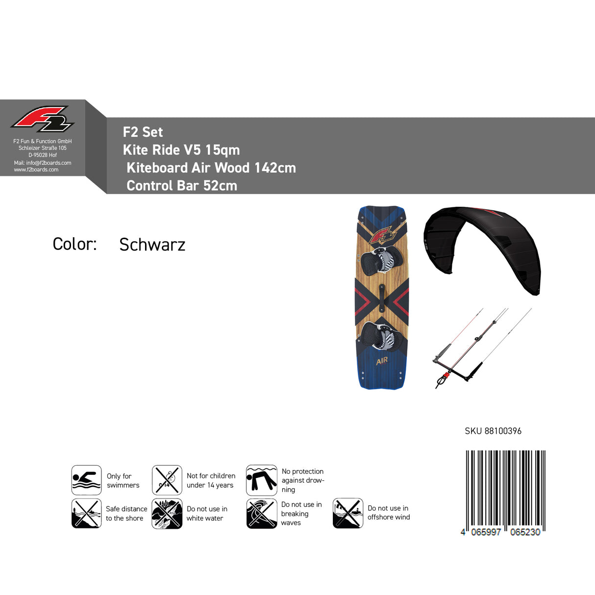 F2 Set Kite Ride V5 mit Kiteboard Air Wood und Control Bar Komplettset Größen wählbar