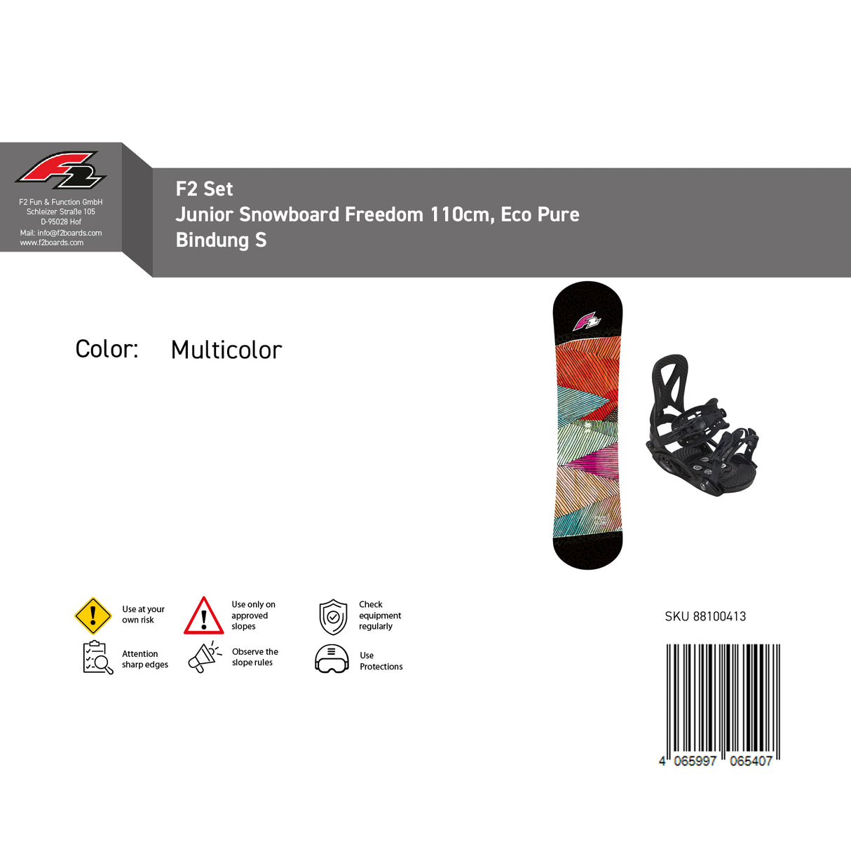 F2 Set Junior Snowboard Freedom mit Eco Pure Bindung Komplettset Größe wählbar