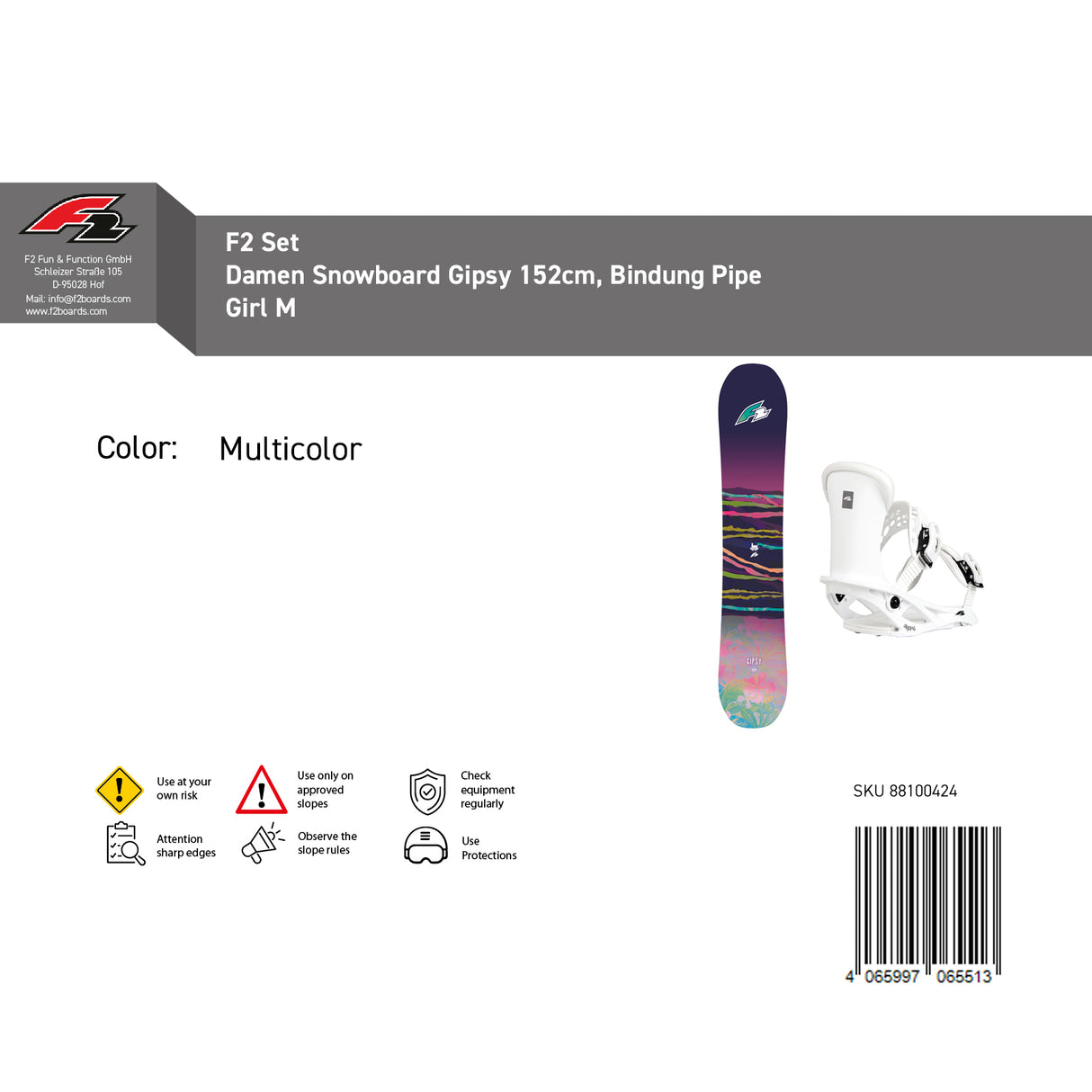 F2 Set Damen Snowboard Gipsy mit Bindung Pipe Girl Komplettset Größe wählbar