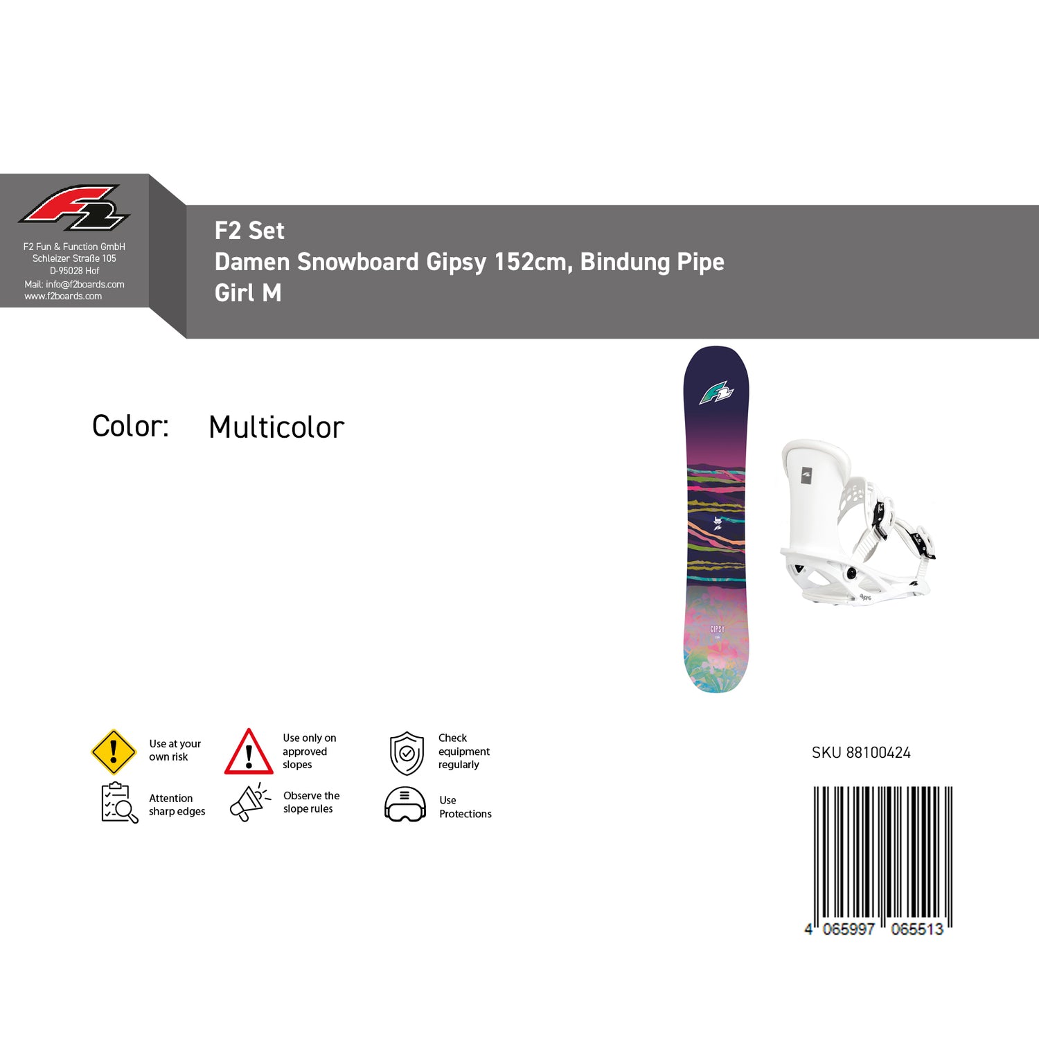 F2 Set Damen Snowboard Gipsy mit Bindung Pipe Girl Komplettset Größe wählbar