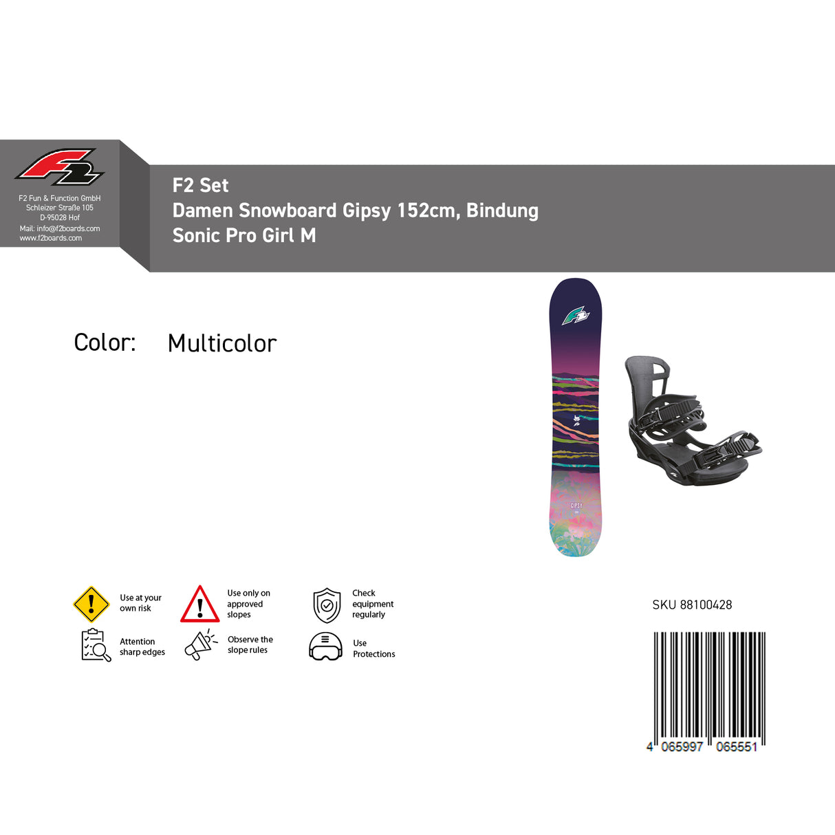 F2 Set Damen Snowboard Gipsy mit Bindung Sonic Pro Girl M Komplettset Größe wählbar