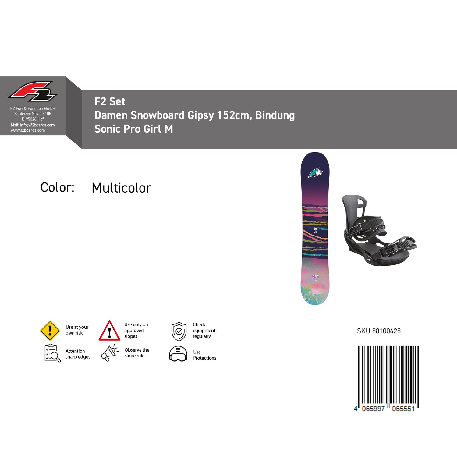 F2 Set Damen Snowboard Gipsy mit Bindung Sonic Pro Girl M Komplettset Größe wählbar