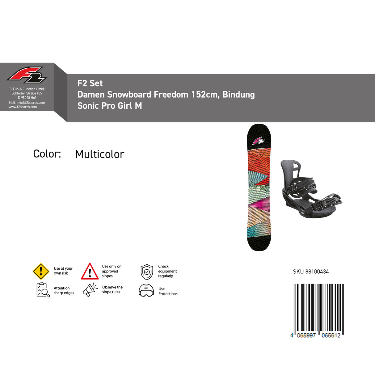 F2 Set Damen Snowboard Freedom mit Bindung Sonic Pro Komplettset Größe wählbar