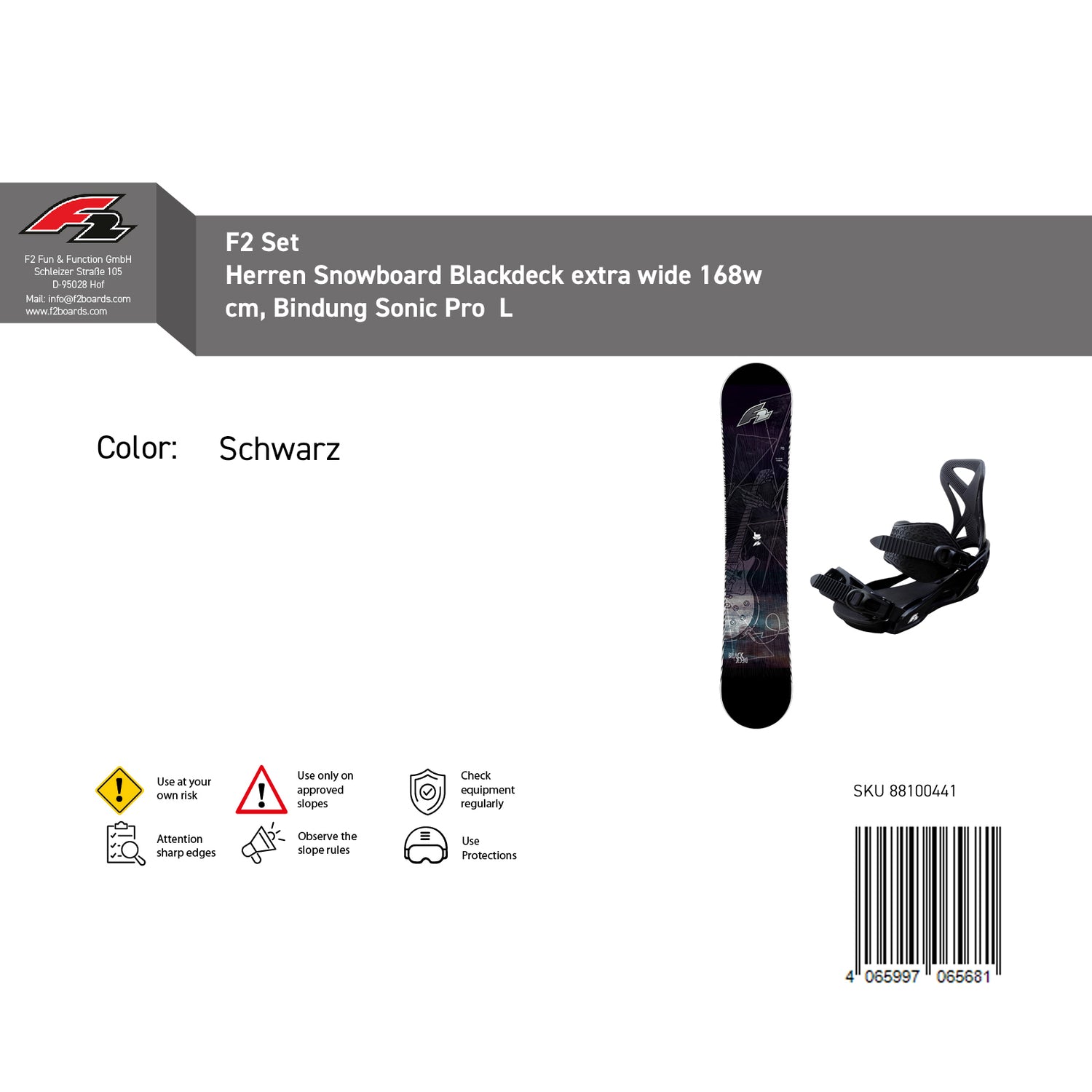 F2 Set Herren Snowboard Blackdeck mit Bindung Sonic Pro Komplettset Größe wählbar